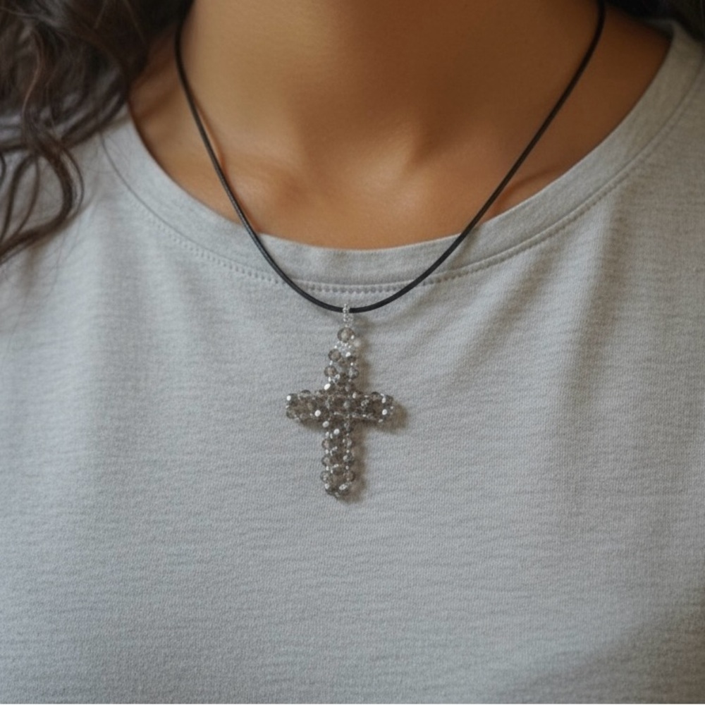 Silver Crystal Beaded Cross Pendant Necklace (Handmade) - Picture 3 of 3